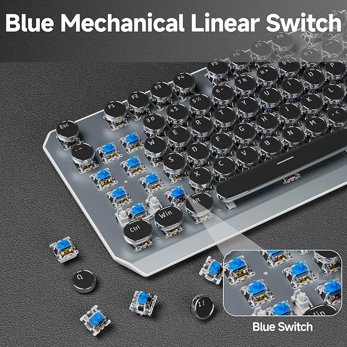EWEADN Wireless Mechanical Typewriter Keyboard,80% Layout with White Backlit, Anti-Ghosting, Blue Switch Bluetooth/2.4GHz/USB-C Aesthetic Keyboard-Black-DeskLoop Office