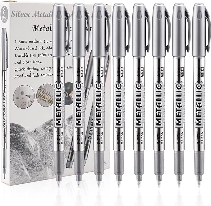 LOONENG Silver Permanent Marker, Fine Point, Acid Free, Non-Toxic Ink, Quick Drying, Ideal for Adult Coloring, Crafts, Gift Cards, Fabric, Photo Albums, 8 Count-DeskLoop Office