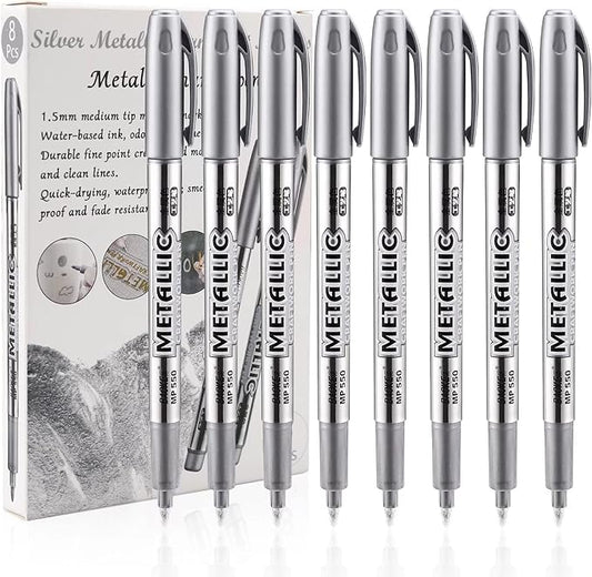 LOONENG Silver Permanent Marker, Fine Point, Acid Free, Non-Toxic Ink, Quick Drying, Ideal for Adult Coloring, Crafts, Gift Cards, Fabric, Photo Albums, 8 Count-DeskLoop Office
