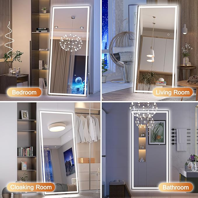 Hasipu Full Length Mirror with Lights, 71" x 32" LED Lighted Floor Standing, Full Body Dressing Hanging Mounted Mirror, Dimmable, Tempered Glass, Safe to Use, Square White-DeskLoop Office