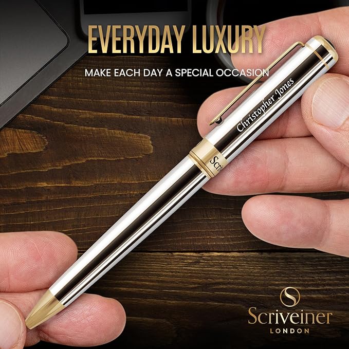 Scriveiner Personalized Silver Chrome Ballpoint Pen - Stunning Luxury Pen, Real Gold Plating, Schmidt Ink Refill, Best Engraved Ball Point Gift Set for Men & Women, Custom Name Engraving-DeskLoop Office