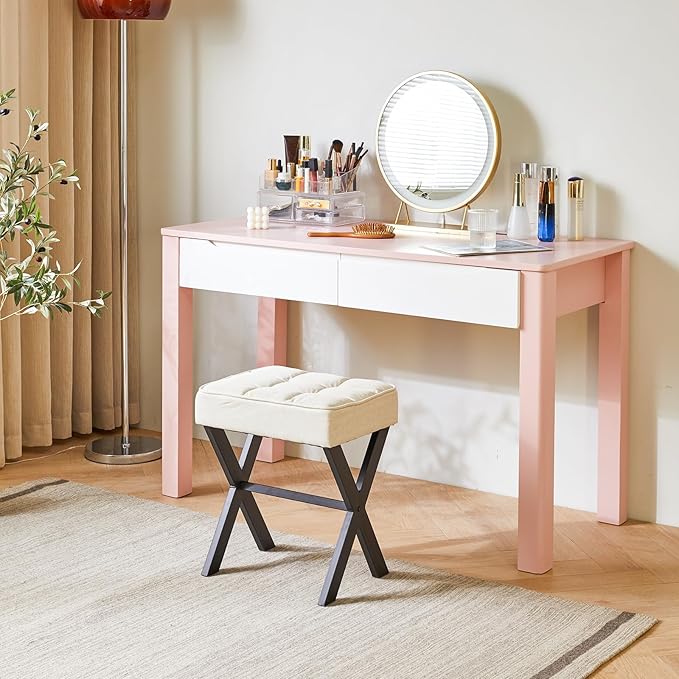IBUYKE Square Makeup Stool with X-Leg Foot Rest, Linen Footrest, Ottoman Seat, Multi-Use as Small Side Table, for Bedroom, Living Room, Linen LG-70Y-DeskLoop Office