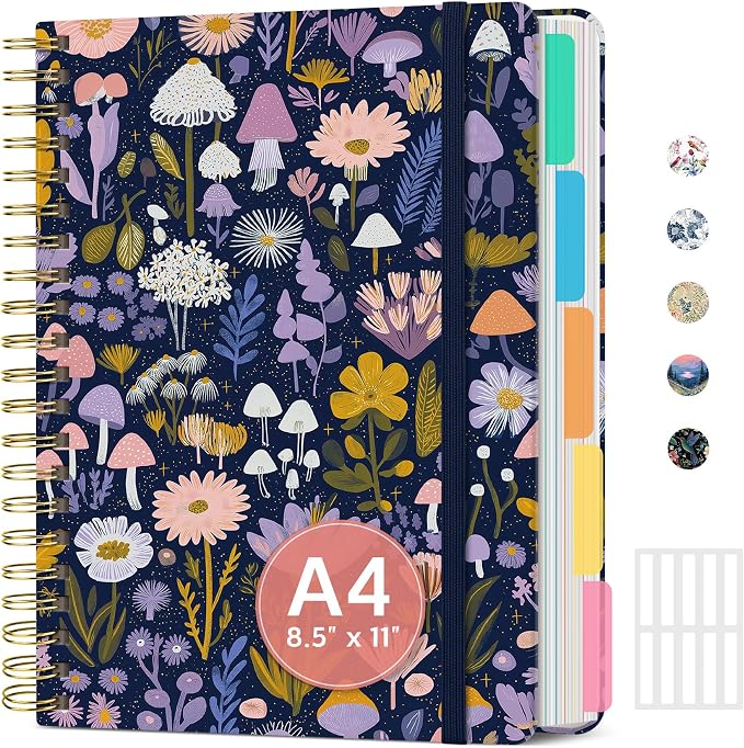 Large Lined Spiral Journal for Women Cute Hardcover 5 Subject Notebook for Work by Taja