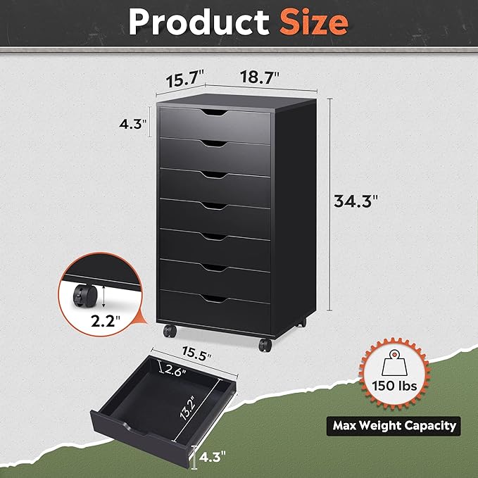 DEVAISE 7-Drawer Chest, Wood File Cabinet with Wheels, Black-DeskLoop Office