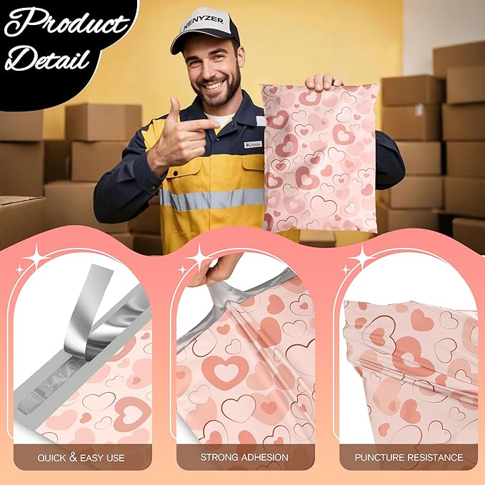 Pink Heart Poly Mailer 10x13 Inch 100 Pcs, Waterproof Shipping Bags for Clothing, Tear-Resistant Mailier Bags, Strong Mailing Bags with Self-Seal-DeskLoop Office