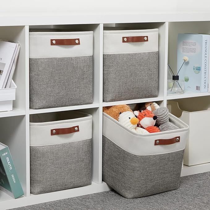 DULLEMELO [Set of 4 Storage Cubes Baskets for Organizing, 12 x 12 x 12 inch Cube Storage Organizer Bins with Leather Handles, Foldable Fabric Cloth Bins for Cube Storage(4 Pack - 12" White&Grey)-DeskLoop Office