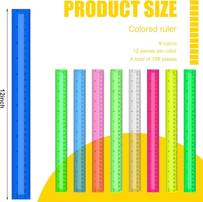 Panelee 108 Packs 12 Inch Plastic Ruler - Color Transparent, Assorted Colors, Metric Clear With Inches and Centimeters for Kids, School, Home, Classroom, Office - Back to School Gifts Supplies-DeskLoop Office
