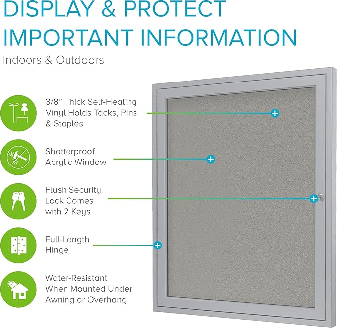 Ghent 36"x36" 1-Door Outdoor Enclosed Vinyl Bulletin Board, Shatter Resistant, with Lock, Satin Aluminum Frame - Silver (PA13636VX-193), Made in The USA-DeskLoop Office