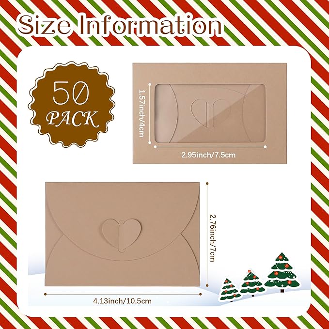 50 Pack Window Gift Card Envelopes, 4 x 2.8 Inch Mini Kraft Paper Envelopes - Image 2