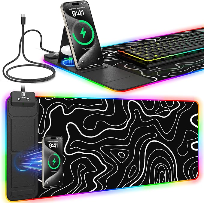 RGB Mouse Pad with Foldable Phone Stand Wireless Charger, 31.5"x11.8" XL Gaming by miroddi