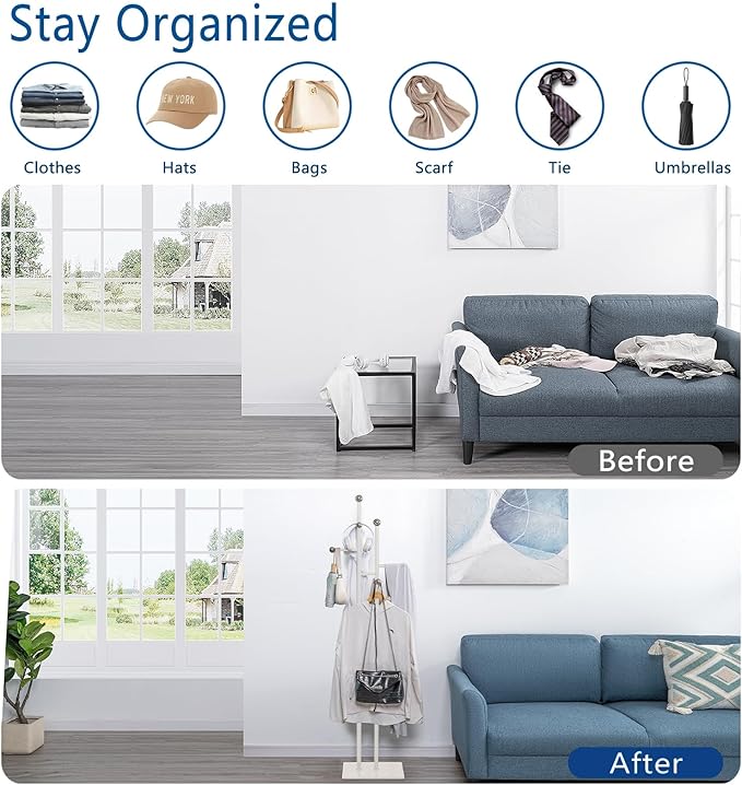 Free Standing Coat Rack with Marble Base & 8 Steel Hooks Clothes Rack for Entryway Bedroom Living Room Hotel 14.96 x 10.24 x 68.9 Inches (White)-DeskLoop Office