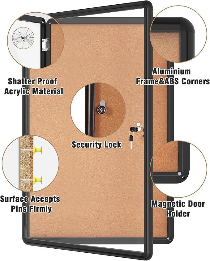 36"x24" Enclosed Bulletin Board, Lockable Weather-Resistant Aluminum Cork Noticeboard for School & Office, Black Frame w/Cork-DeskLoop Office