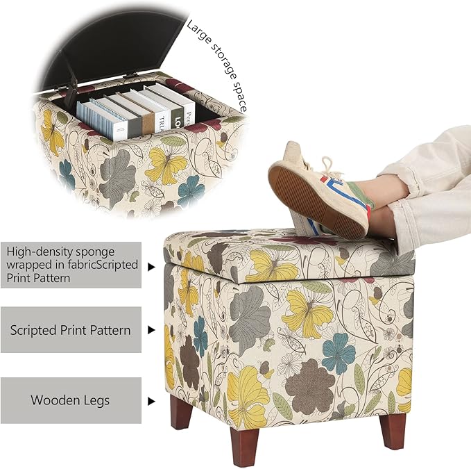 Adeco 18 Inch High Cube Ottoman Storage, Floral Printed Linen Chair Foot Stools, Upholstered Vanity Stool with Hinged Lid, Solid Wood Legs-DeskLoop Office