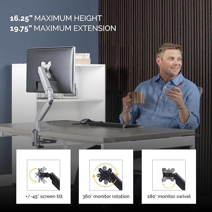 Fellowes Platinum Series Single Monitor Arm for 40-Inch Monitors, Full Motion, 360° Rotation, VESA Mount with Grommet or Clamp, USB Ports, Ergonomic, Silver, 8056401-DeskLoop Office