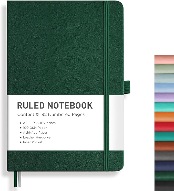 RETTACY Lined Journal Notebook, 192 Numbered Pages, A5 Medium Size (5.7'' x 8.3''), for Men & Women, Journaling, Writing, Work & Office, Leather Hardcover, 100 GSM Thick Paper (Dark Green)-DeskLoop Office