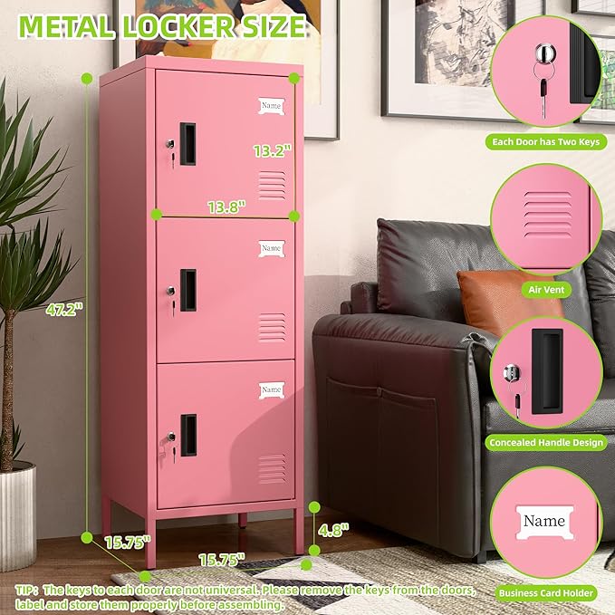 Aobabo 16" W 3 Door Metal Storage Locker with Lock, 47" H Steel Locker with Name Card Holder and Metal Leg for School, Home, Office, Playroom, Assembly Required, Pink-DeskLoop Office
