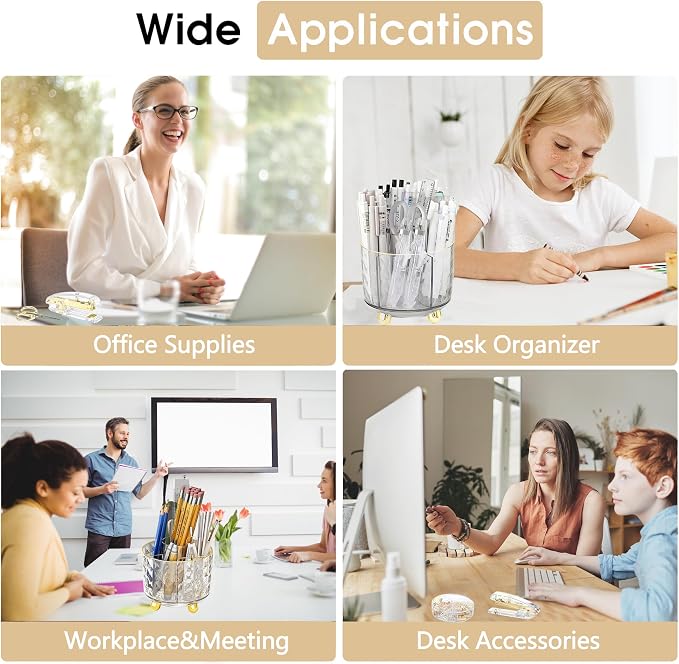 Gold Desk Accessories, Office Desk Organizers and Accessories 360°Pen Holder - Image 6