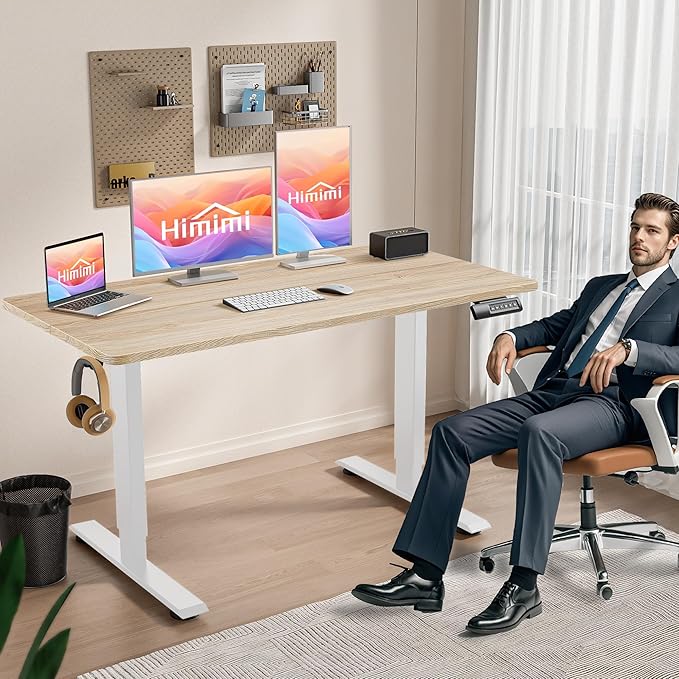 Himimi Electric Standing Desk 55 x 24 inch for Home Office,Sit-Stand Adjustable Desk with Memory Presets,Height Adjustable Desk for Gaming/Working,Free Hook, Lockable Wheels,Mouse Pad,Oak-DeskLoop Office