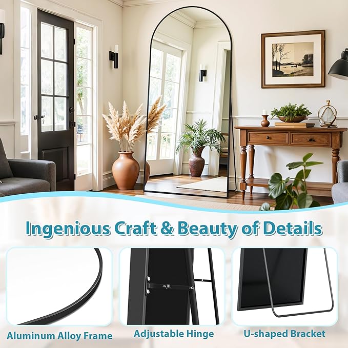 Full Length Mirror, 71"x32" Oversized Floor Mirror Freestanding, Full Body Mirror Floor Standing Mirrors with Stand, Hanging Mounted Mirrors for Bedroom Living Room, Black, Arched Style-DeskLoop Office