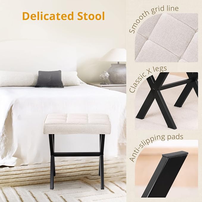 LUE BONA Ottoman Foot Stool Vanity Stool, Square Linen X-Leg Foot Rest Ottoman - Image 7