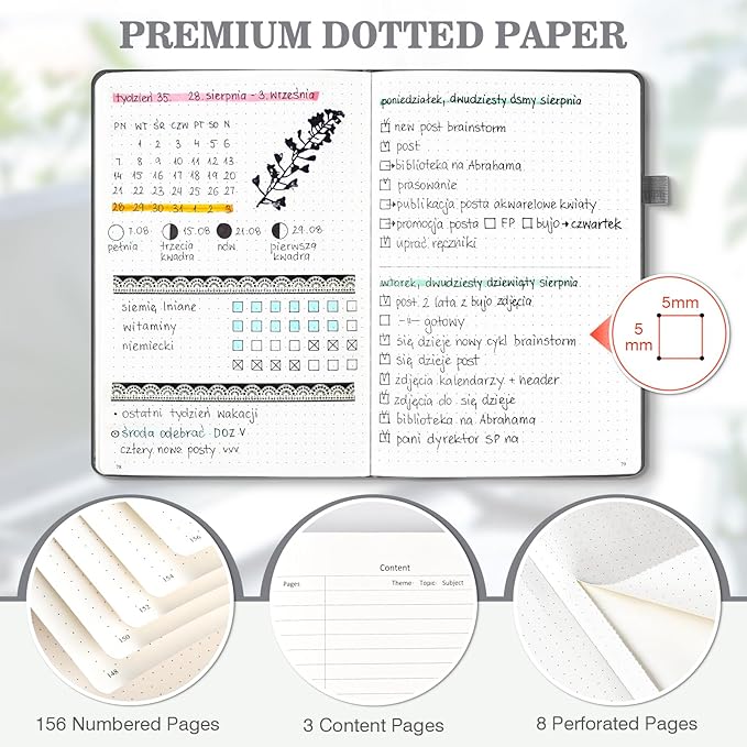 Bullet Dotted Journal Notebook 3 Pack, A5 Dotted Journal with 120gsm Paper, Leather Dotted Notebook, Hardcover Dot Grid Notebook Each with 156 Nmubered Pages, Dot Journal for Women, Men 5.75" × 8.38"-DeskLoop Office