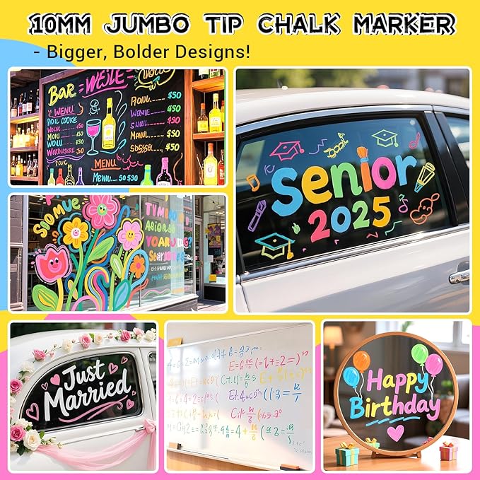 Jumbo Chalk Window Markers for Cars Glass Washable: 8 Colors Liquid Chalk Markers Pen with 10mm Wide Tip, Chalkboard Marker, Window Paint Marker for Car Window, Blackboard, Auto Windshield Decorations-DeskLoop Office