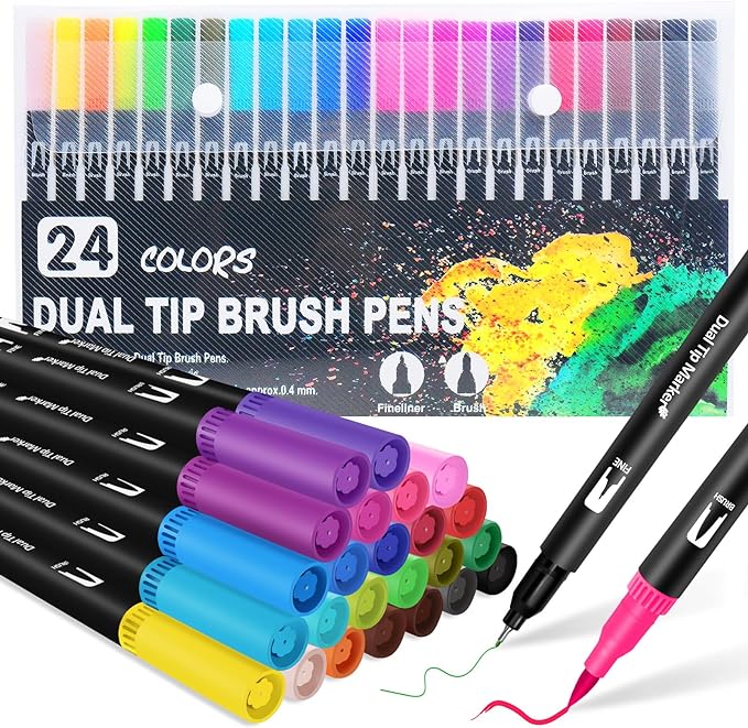 Dual Brush Marker Pens, 24 Colors Art Markers with Fine and Brush Tip Coloring Markers for Adults, Marker for Journaling Calligraphy Drawing Sketching Doodling Illustrating-DeskLoop Office