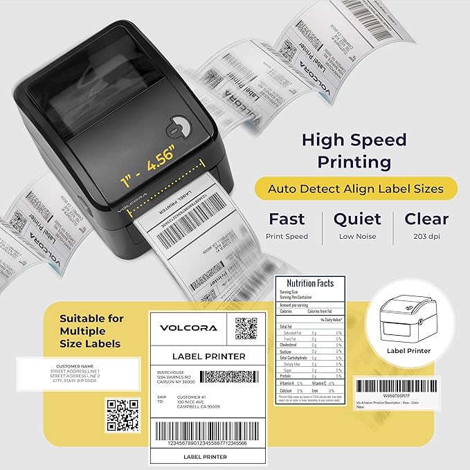 Volcora Thermal Label Printer with Ethernet/USB - Desktop 4x6 Shipping Label Printer, Compatible with Windows, Linux, Mac - Ideal for Small Business, Inkless Printer for Shipping Packages (Black)-DeskLoop Office