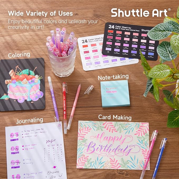 Shuttle Art Colored Pens, 24 Pink & Purple Tone Colors Cute Journal Pens 0.6mm - Image 6