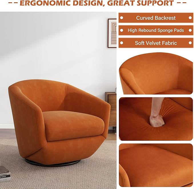 UIXE Velvet Swivel Accent Chairs Set of 2, Barrel Chair Upholstered Club Armchair for Living Room, Comfy Single Sofa Bedroom Side Reading Seat - Orange-DeskLoop Office