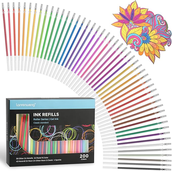200 Colors Gel Pen Refills, Glitter Neon Gel Ink Pens Refills,Replace Cartridges for Gel Pens Set,9 Color Type for Kids Adult Coloring Books Drawing Doodling Crafts Scrapbooking Journaling,No Repeats-DeskLoop Office
