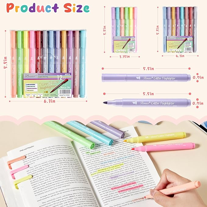 Silver Glitter Highlighters, 12 Metallic Colors, No Bleed Chisel Tip | Quick Dry - Image 2
