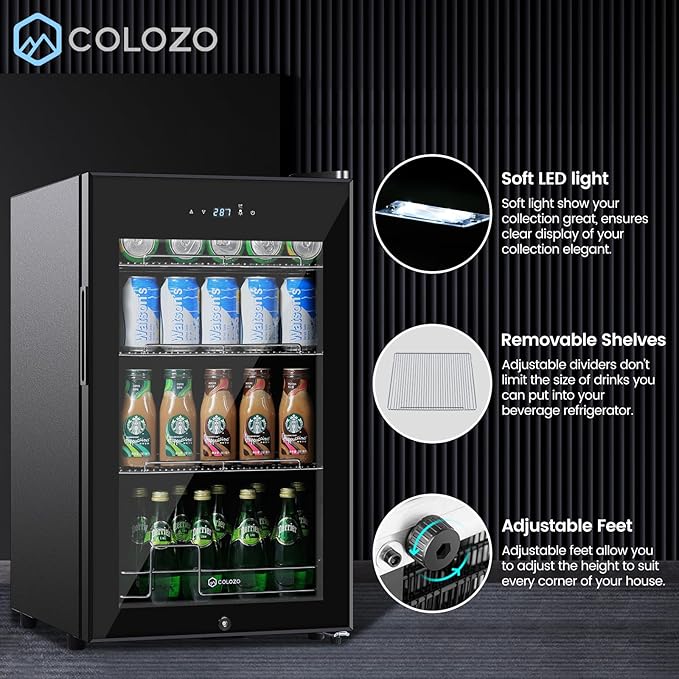 17 Inch Black Beverage Refrigerator Cooler, 96 Cans Mini Fridge with Glass Door&Lock, Beer Fridge for Soda Water or Wine, Drink Refrigerator for Home Office Bar Bedroom-DeskLoop Office