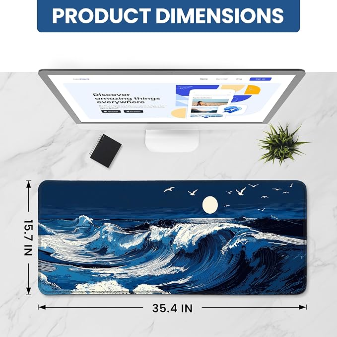 Aesthetic Desk Mat, Cute Moonlit Waves Desk Pad Protector - Image 2