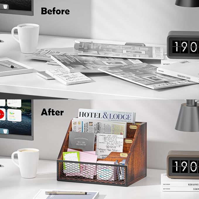 Mail Organizer Countertop, Wooden Mail Holder, 4 Slot Letter Holder - Image 3