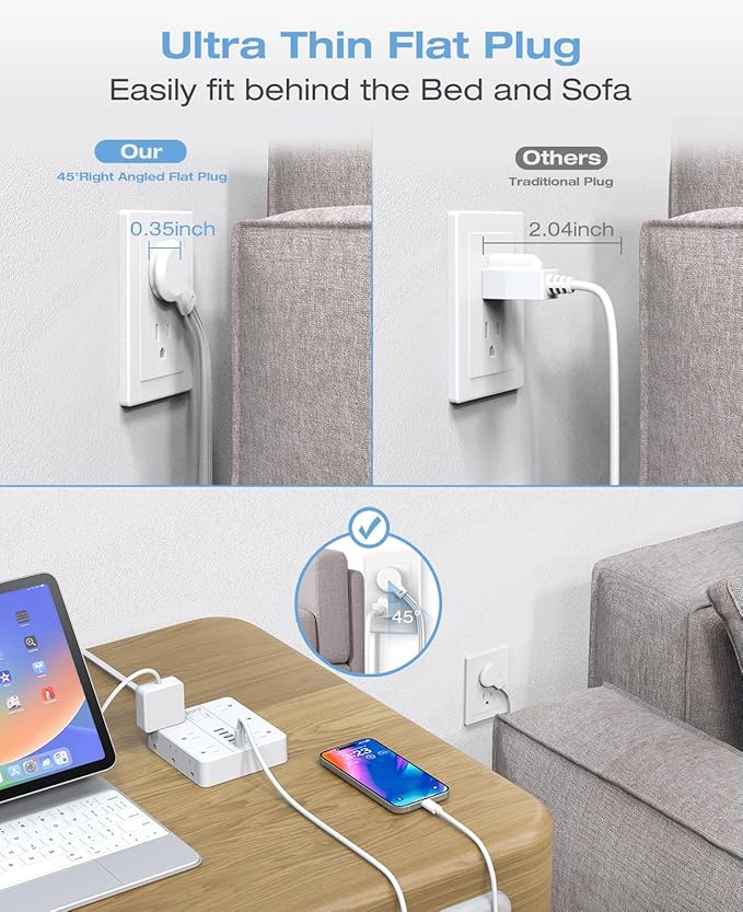 10FT Surge Protector Power Strip,12 AC Outlets with 6 USB Ports (2 USB-C), Flat Plug Extension Cord with Multiple Outlets, Wall Mount for Home Office,Dorm,White-DeskLoop Office