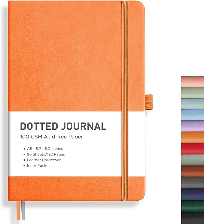 RETTACY Bullet Dotted Journal Notebook, 192 Pages, A5 Medium Size (5.7'' x 8.3''), Leather Hardcover, 100 GSM Thick Paper, for Bullet Journaling, Planning, Tracking (Orange)-DeskLoop Office