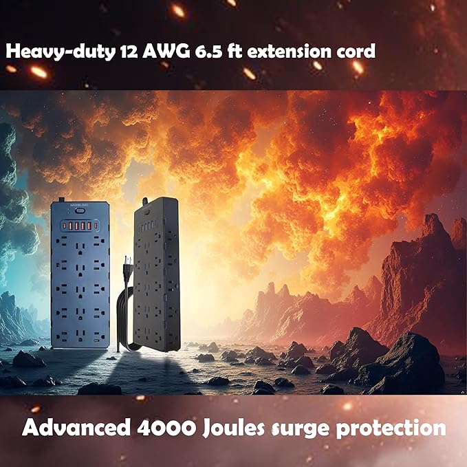 20 Amp Power Strip Surge Protector,Heavy Duty 12 Gauge 6.5 ft Extension Cord,25 AC Outlets,6 Fast USB Ports,4000 Joules,2500W/125V,Office Workshop Household Garage Black,Insurance Coverage.-DeskLoop Office