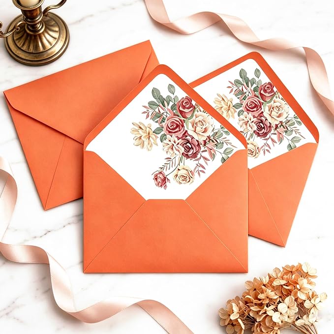 50 Pcs Bright Orange Envelopes Floral Pattern 150gsm 5x7 Envelopes - Image 5