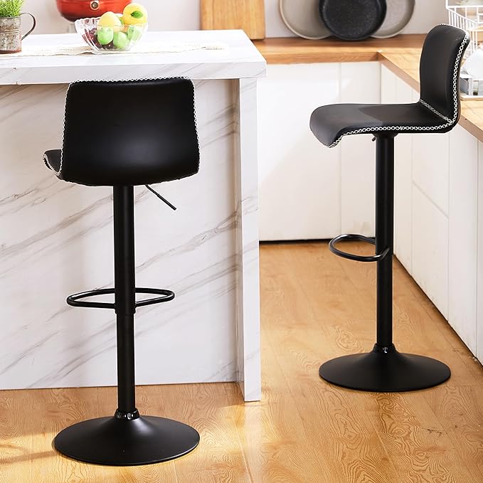 HeuGah Swivel Bar Stools Set of 2, Adjustable Counter Height Barstools with Back, Black Faux Leather Bar Chairs for Kitchen Island (Black, Set of 2 (24'' to 32''))-DeskLoop Office