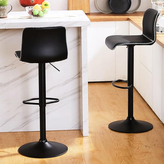 HeuGah Swivel Bar Stools Set of 2, Adjustable Counter Height Barstools with Back, Black Faux Leather Bar Chairs for Kitchen Island (Black, Set of 2 (24'' to 32''))-DeskLoop Office