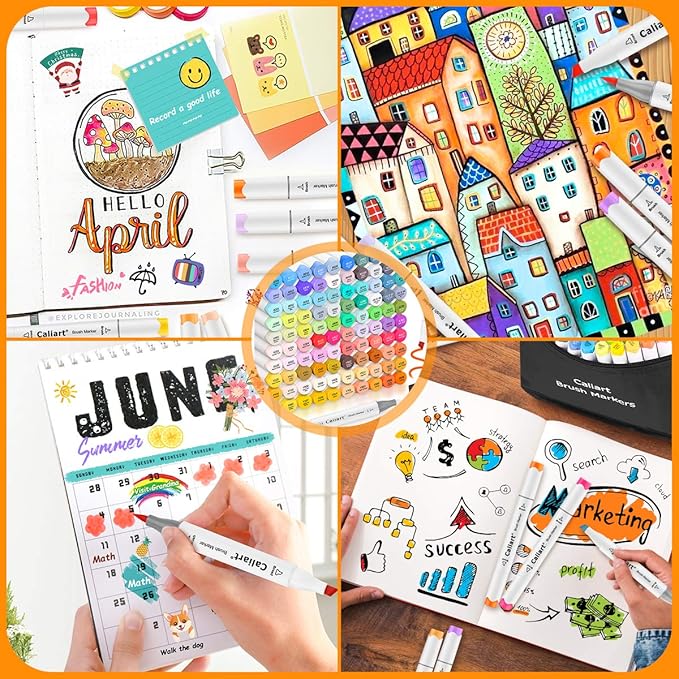Caliart 101 Colors Brush & Chisel Alcohol Markers for Adult Coloring Book, Dual Tip Artist Sketch Art Markers, Aesthetic Cute Preppy Stuff School Supplies, Pens for Lettering Drawing Cards Planner-DeskLoop Office