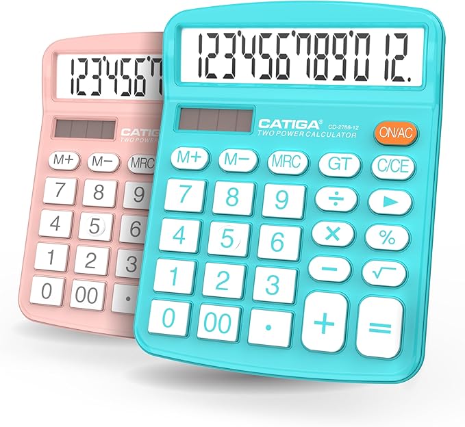CATIGA Desktop Calculator (2 Pack) 12 Digit with Large LCD Display and Sensitive Button, Solar and Battery Dual Power, Standard Function for Office, Home, School, CD-2786 (Light Blue/Light Pink)-DeskLoop Office