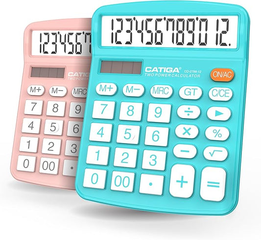 CATIGA Desktop Calculator (2 Pack) 12 Digit with Large LCD Display and Sensitive Button, Solar and Battery Dual Power, Standard Function for Office, Home, School, CD-2786 (Light Blue/Light Pink)-DeskLoop Office