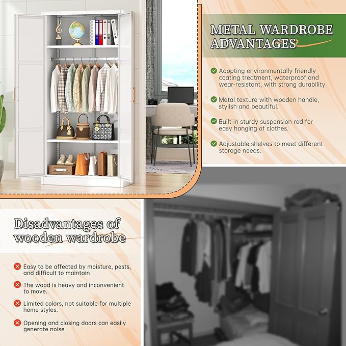 Greenvelly Metal Storage Wardrobe Cabinet, 72" White Metal Wardrobe Closet for Hanging Clothes with Doors and Shelves, Modern Steel Clothes Closet for Home, Office and Bedroom, School,Gym-DeskLoop Office