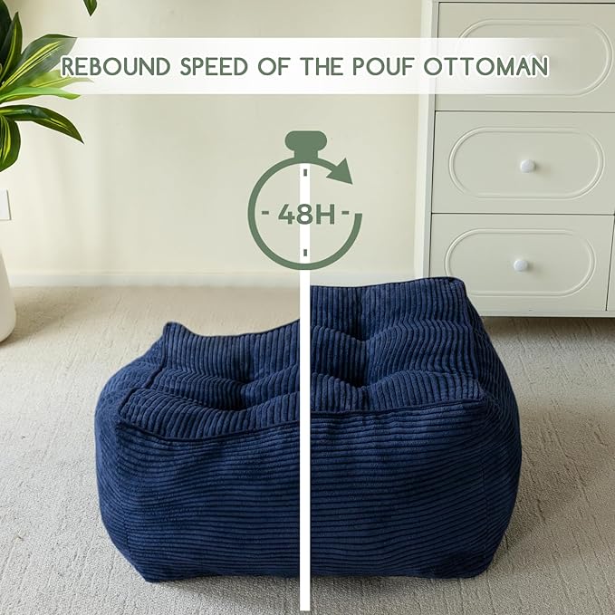 HIGOGOGO Square Stuffed Pouf Ottoman, Corduroy Poufs with Foam Chunk Filling, Furry and Fluffy Pouf Foot Stool Storage Ottoman, 25.6 X 25.6 Floor Poufs Foot Rest for Living Room, Navy-DeskLoop Office
