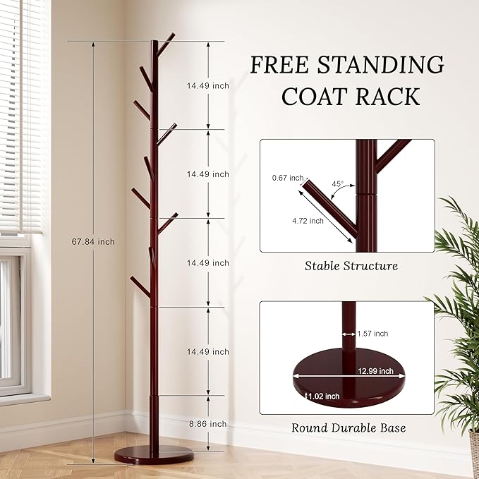Wooden Coat Rack Freestanding Coat Tree with 4 Height Options and 9 Hooks, Sturdy Coat Rack Stand for Clothes/Bags/Hats, Easy Assemble Save Space for Entryway,Bedroom,Office,Narrow Place (Brown)-DeskLoop Office
