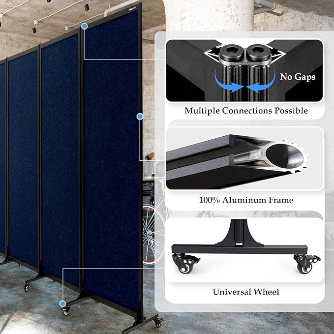 Upgrade Version Room Partition and Divider, Freestanding Rolling Dividers with Wheels,Office Privacy Screen Divider Wall,Classroom Felt Dividers,8'2"L* 6'7"H,4 Panel，Blue-DeskLoop Office