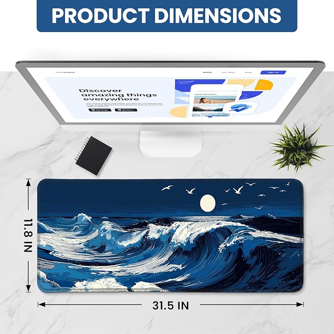 Aesthetic Desk Mat, Cute Moonlit Waves Desk Pad Protector - Image 2