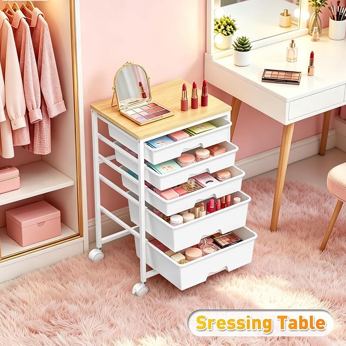 SUNALLY Rolling Carts With 5 Drawers, Storage Drawer Carts with Wooden Tabletop - Image 8